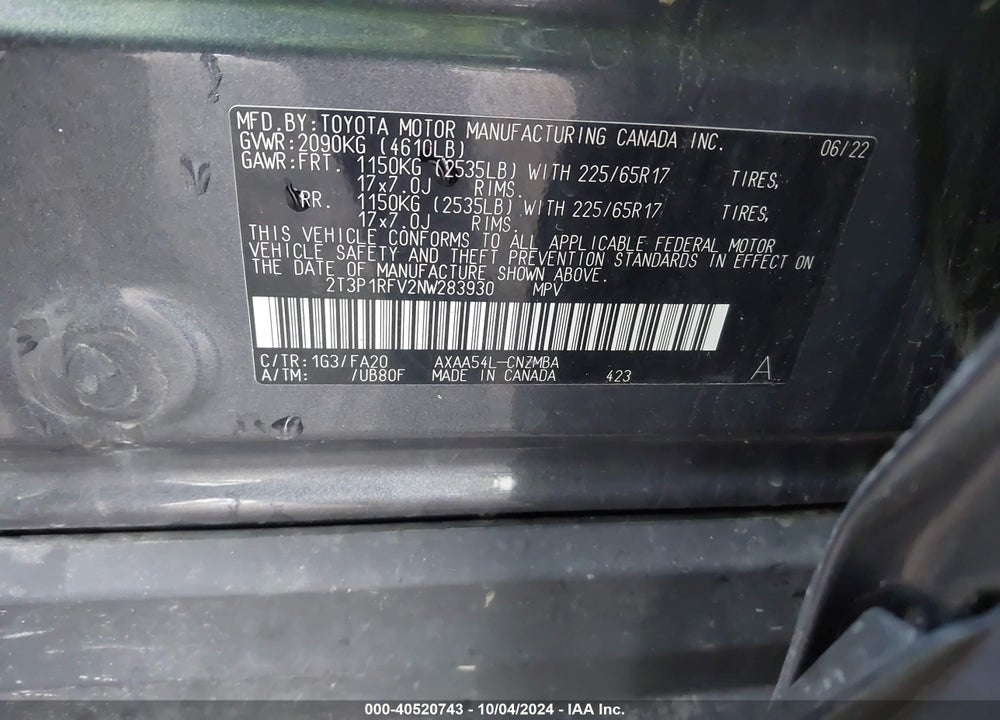 2022 TOYOTA RAV4 XLE VIN: 2T3P1RFV2NW283930