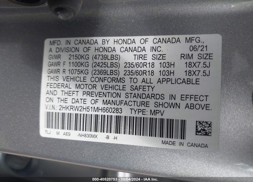 2021 HONDA CR-V AWD EX VIN: 2HKRW2H51MH660283