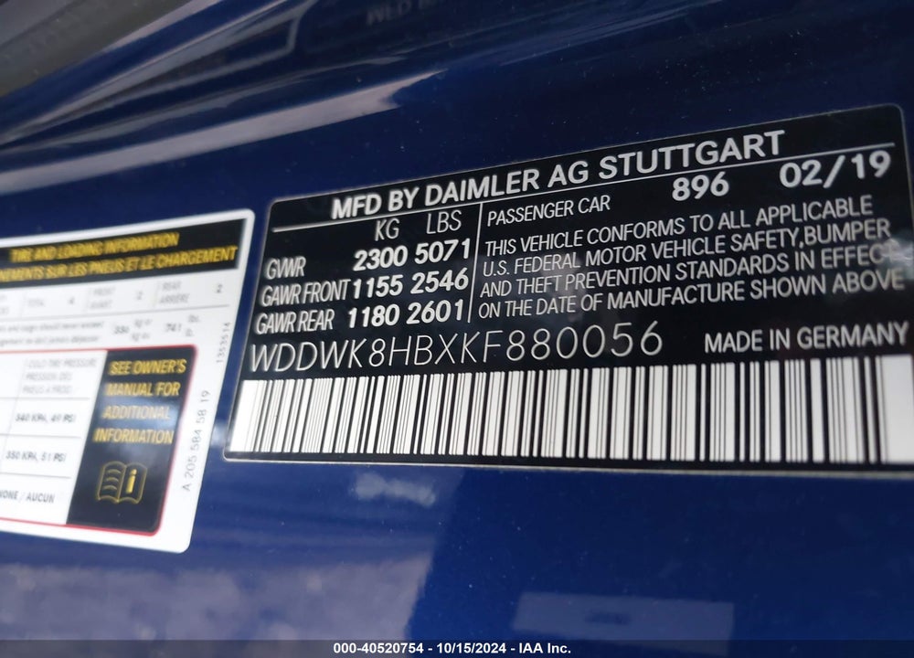 2019 MERCEDES-BENZ AMG C 63 S VIN: WDDWK8HBXKF880056