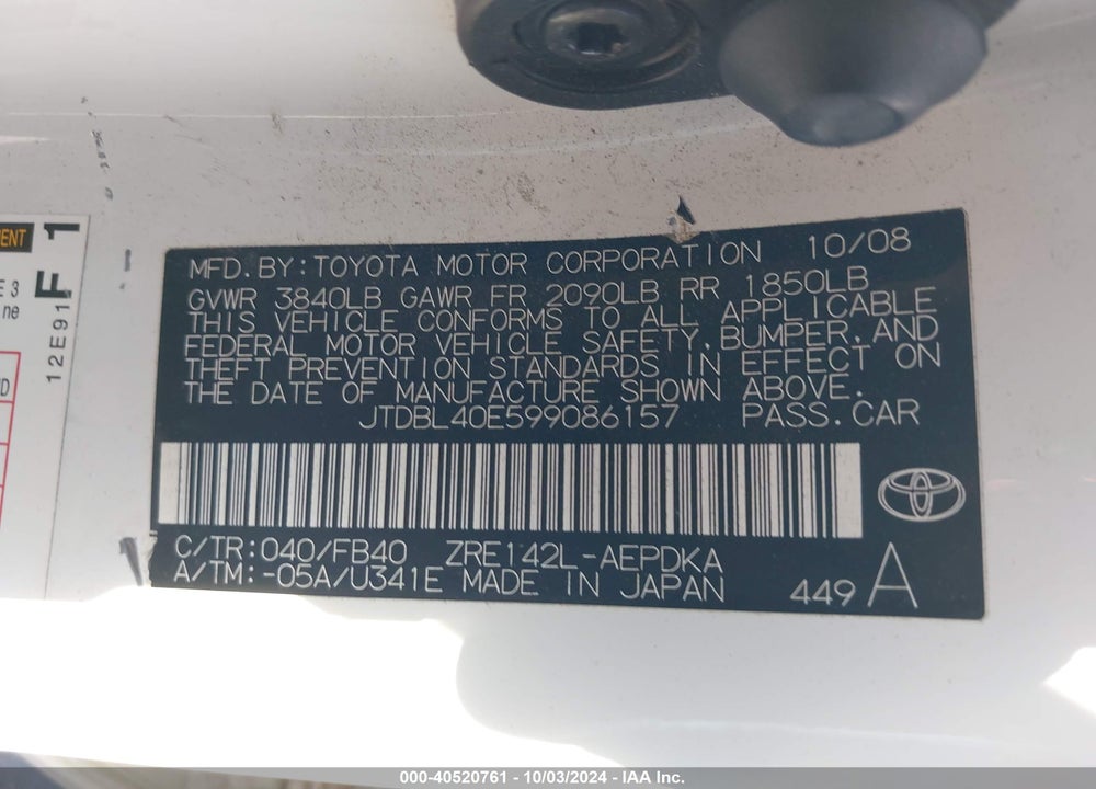 2009 TOYOTA COROLLA LE VIN: JTDBL40E599086157