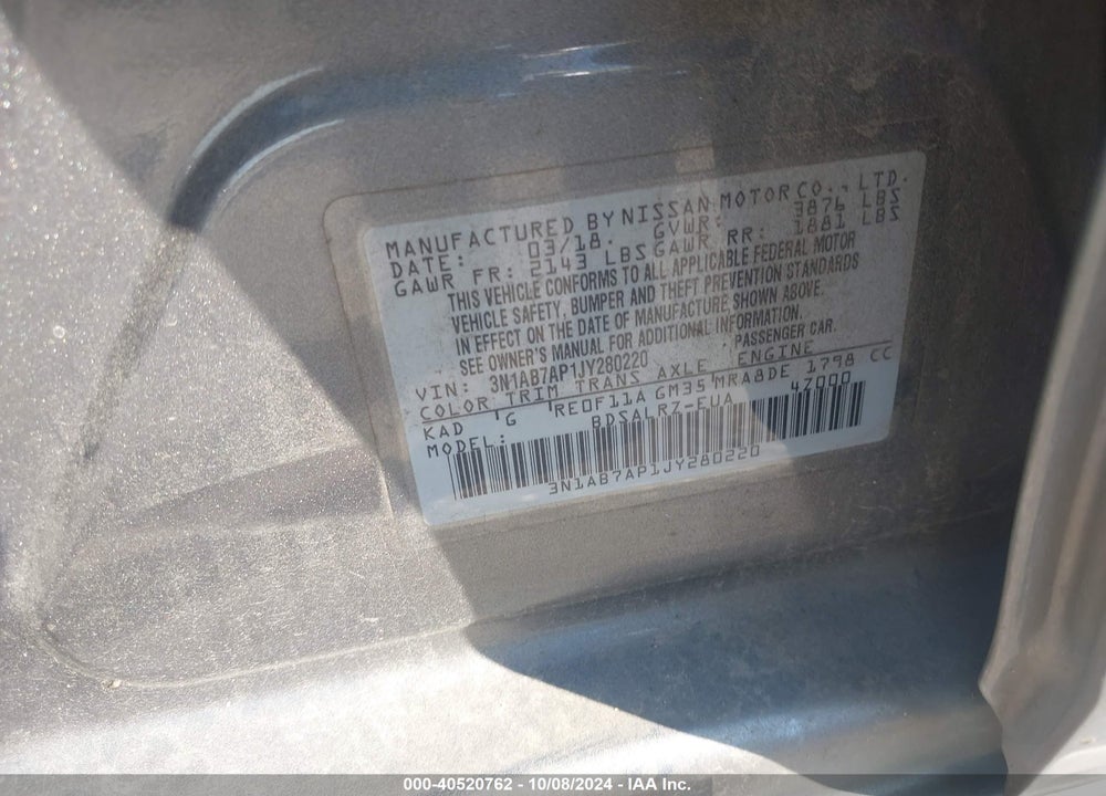 2018 NISSAN SENTRA VIN: 3N1AB7AP1JY280220