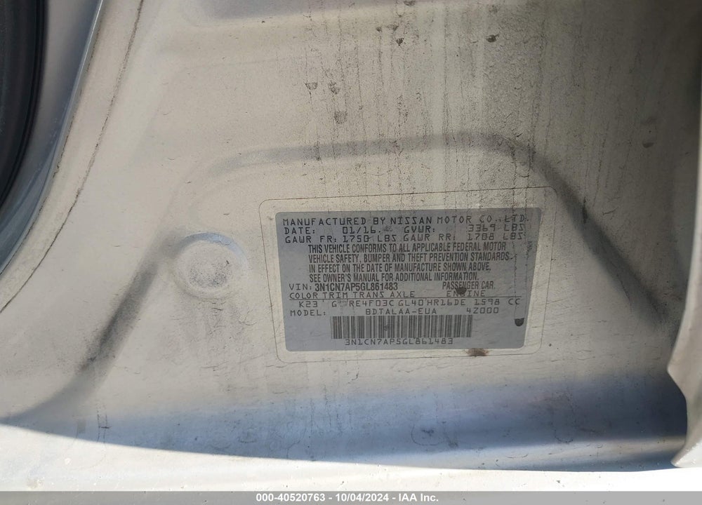 2016 NISSAN VERSA 1.6 S+ VIN: 3N1CN7AP5GL861483