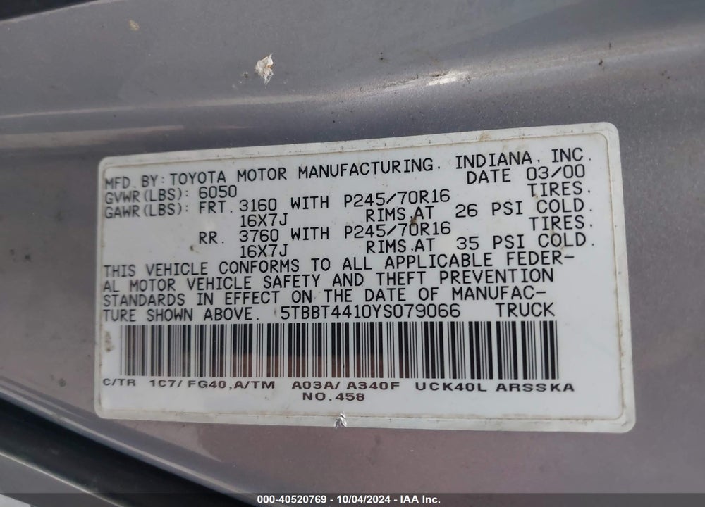 2000 TOYOTA TUNDRA SR5 V8 VIN: 5TBBT4410YS079066
