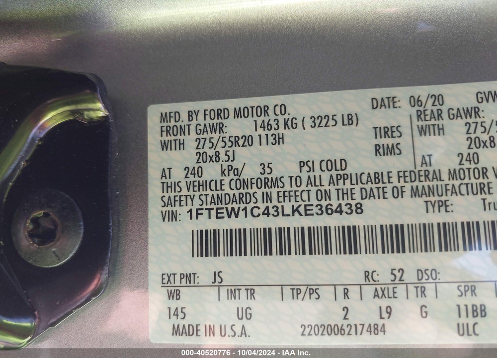 2020 FORD F-150 XLT VIN: 1FTEW1C43LKE36438