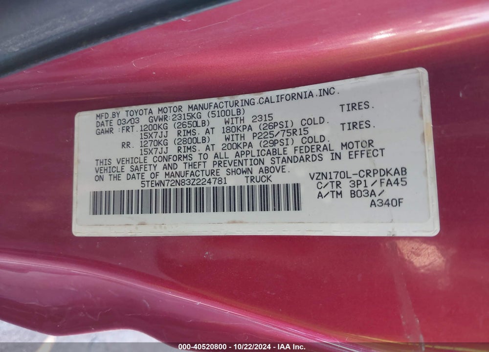 2003 TOYOTA TACOMA BASE V6 VIN: 5TEWN72N83Z224781