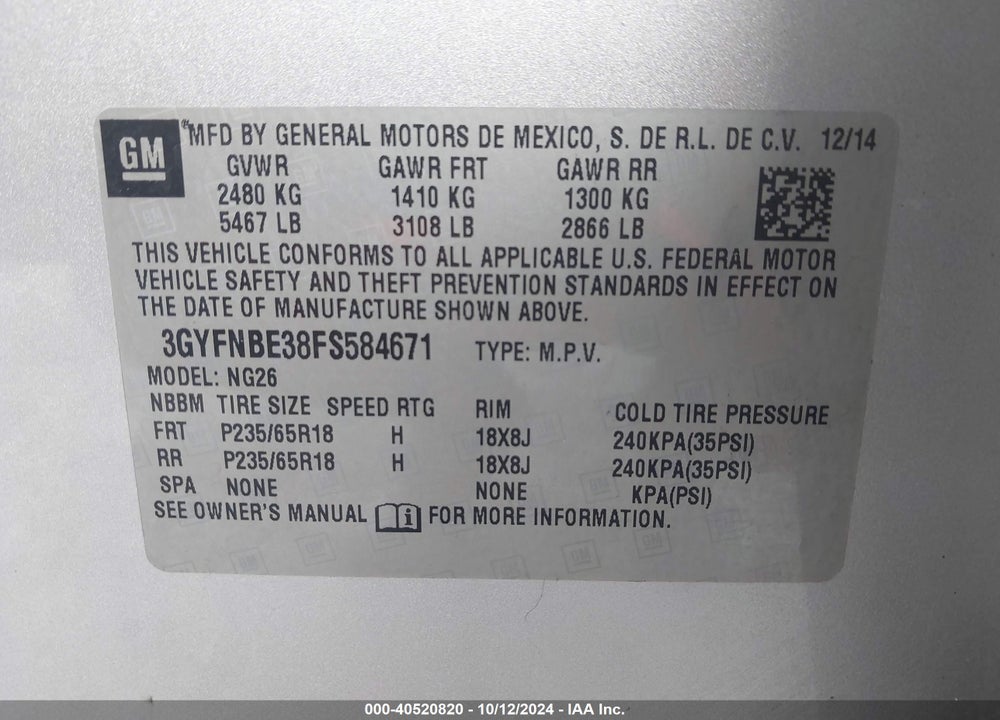 2015 CADILLAC SRX LUXURY COLLECTION VIN: 3GYFNBE38FS584671