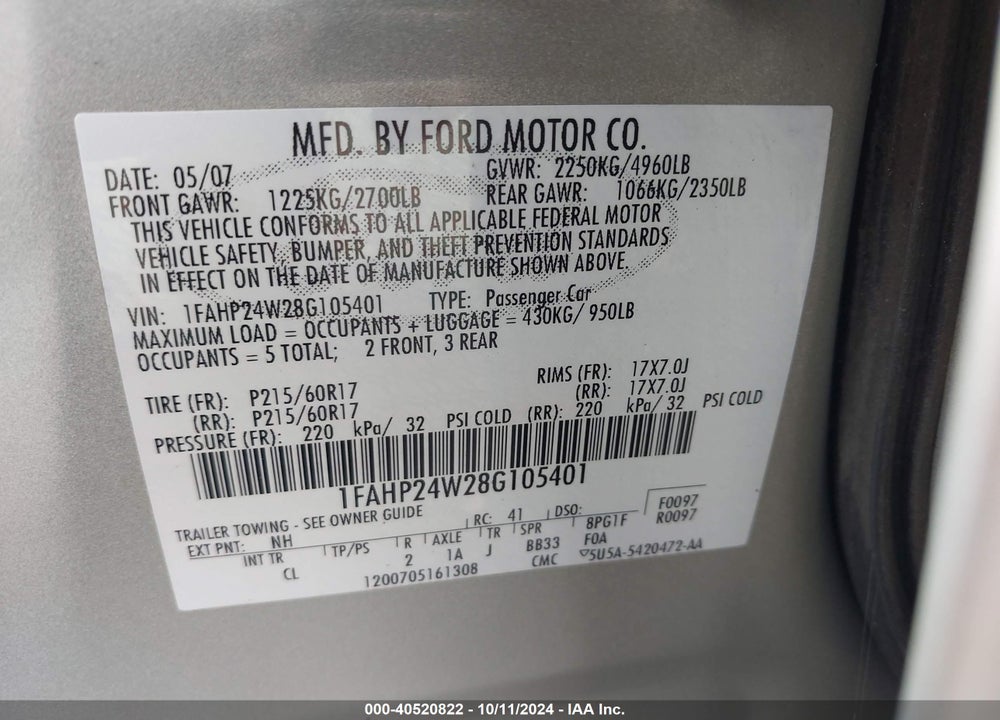 2008 FORD TAURUS SEL VIN: 1FAHP24W28G105401