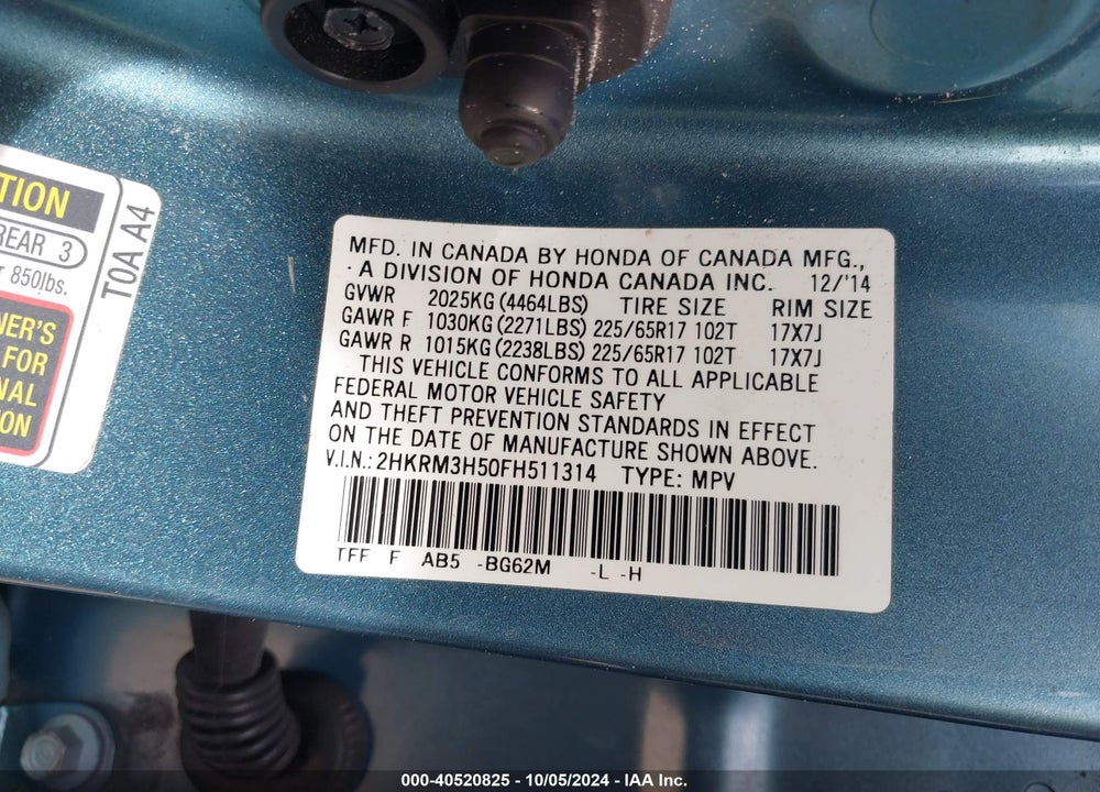 2015 HONDA CR-V VIN: 2HKRM3H50FH511314