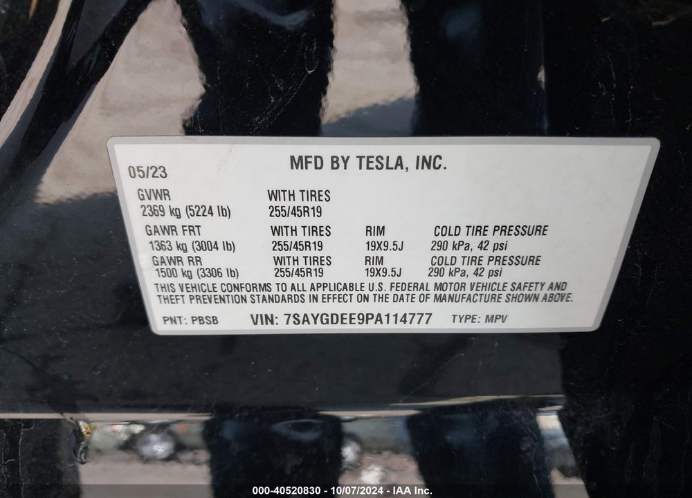 2023 TESLA MODEL Y VIN: 7SAYGDEE9PA114777