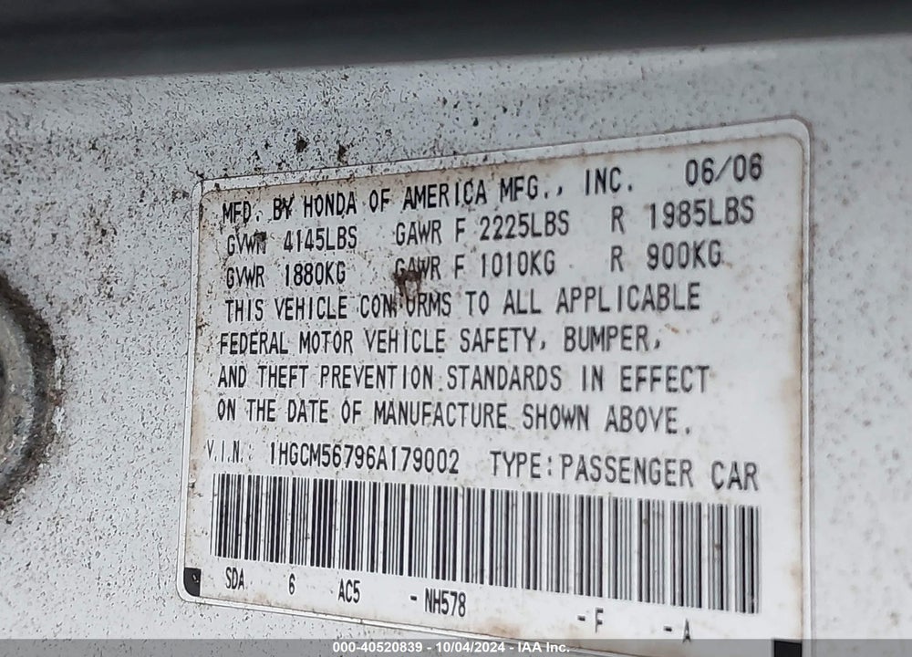 2006 HONDA ACCORD 2.4 EX VIN: 1HGCM56796A179002
