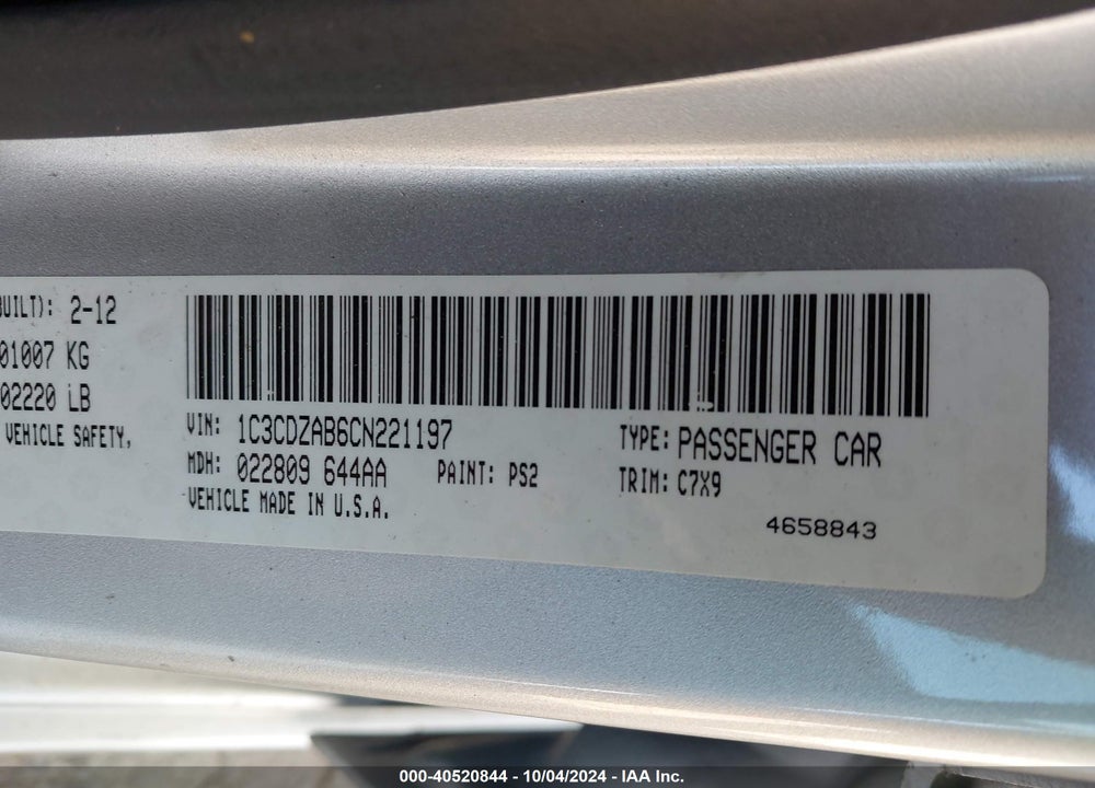 2012 DODGE AVENGER SE VIN: 1C3CDZAB6CN221197