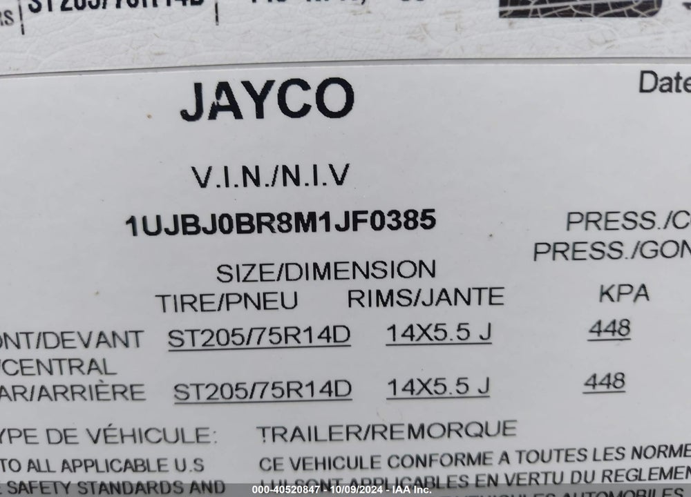 2021 JAYCO OTHER VIN: 1UJBJ0BR8M1JF0385