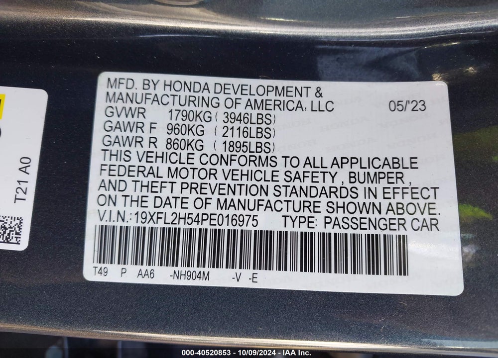 2023 HONDA CIVIC LX VIN: 19XFL2H54PE016975