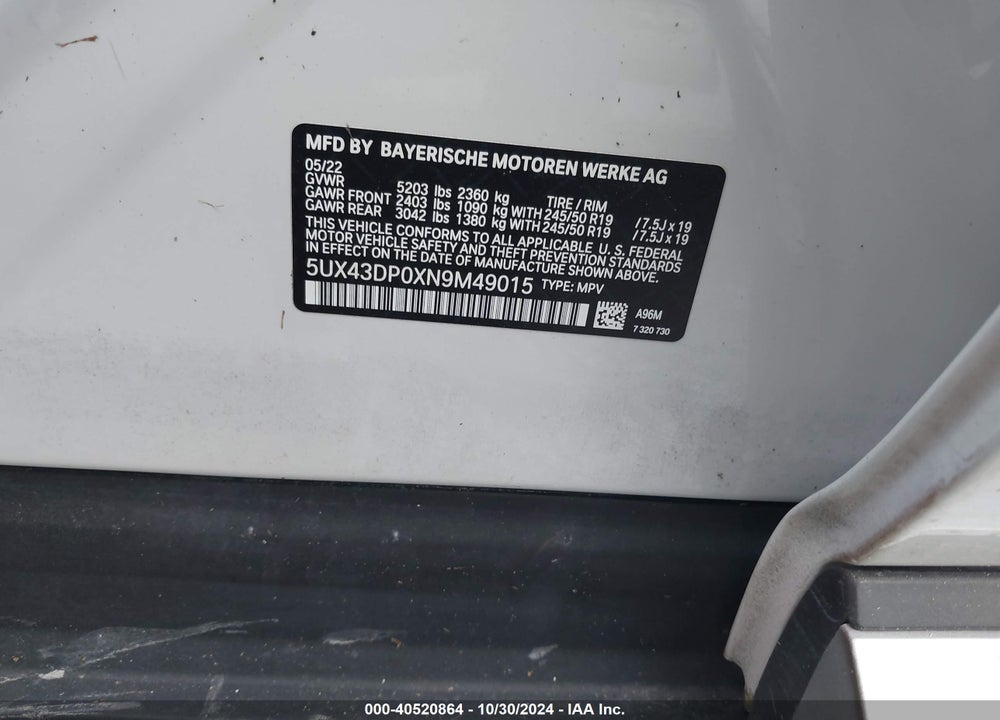 2022 BMW X3 SDRIVE30I VIN: 5UX43DP0XN9M49015