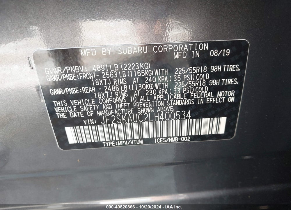 2020 SUBARU FORESTER LIMITED VIN: JF2SKAUC2LH400534