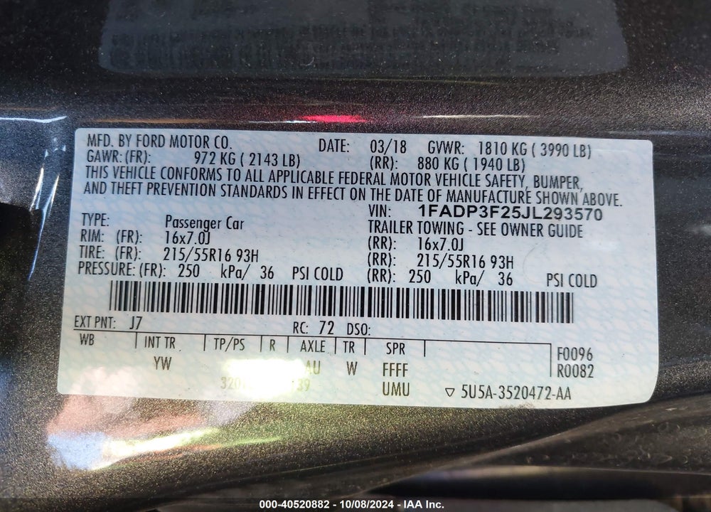 2018 FORD FOCUS SE VIN: 1FADP3F25JL293570