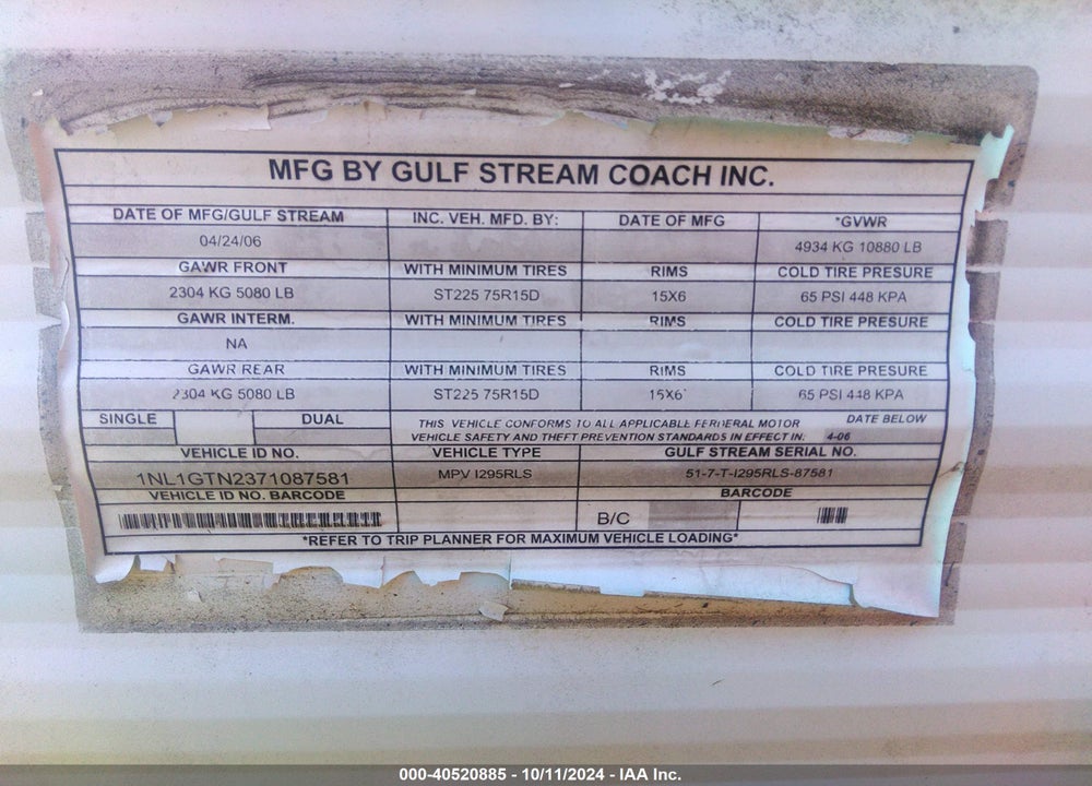 2011 GULFSTREAM TRAVEL TRAILER VIN: 1NL1GTN2371087581