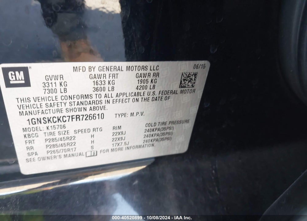2015 CHEVROLET TAHOE LTZ VIN: 1GNSKCKC7FR726610