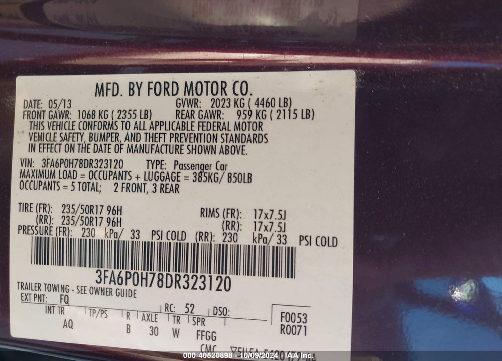 2013 FORD FUSION SE VIN: 3FA6P0H78DR323120