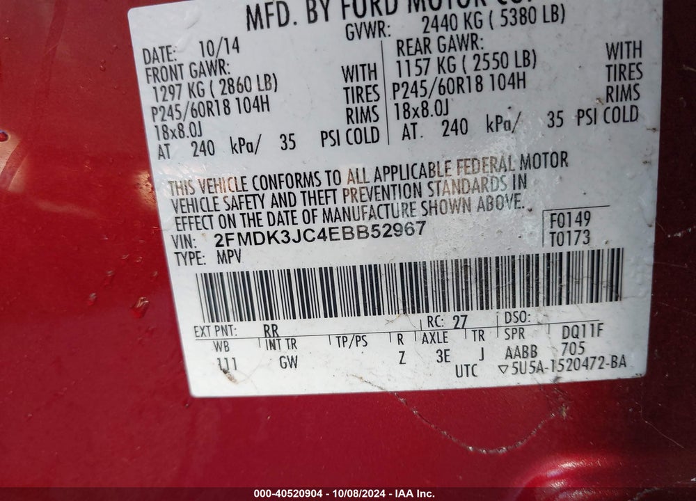 2014 FORD EDGE VIN: 2FMDK3JC4EBB52967