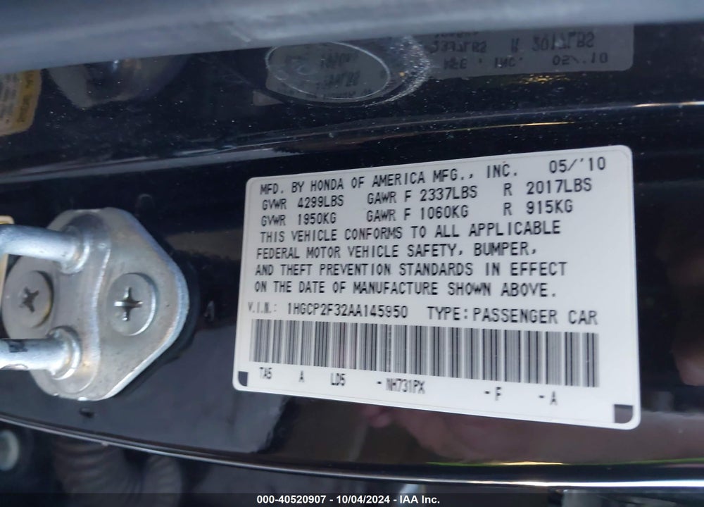 2010 HONDA ACCORD 2.4 LX VIN: 1HGCP2F32AA145950