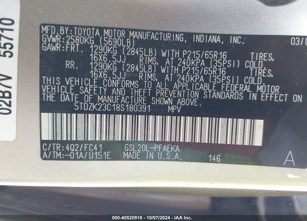 2008 TOYOTA SIENNA LE VIN: 5TDZK23C18S180391