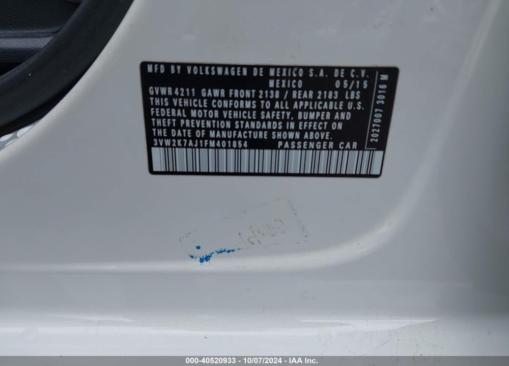 2015 VOLKSWAGEN JETTA 2.0L S VIN: 3VW2K7AJ1FM401854