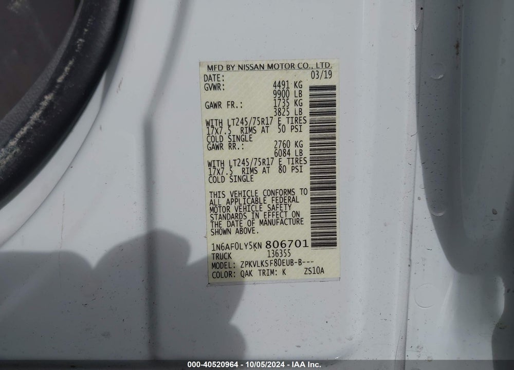 2019 NISSAN NV CARGO NV3500 HD SL V8 VIN: 1N6AF0LY5KN806701