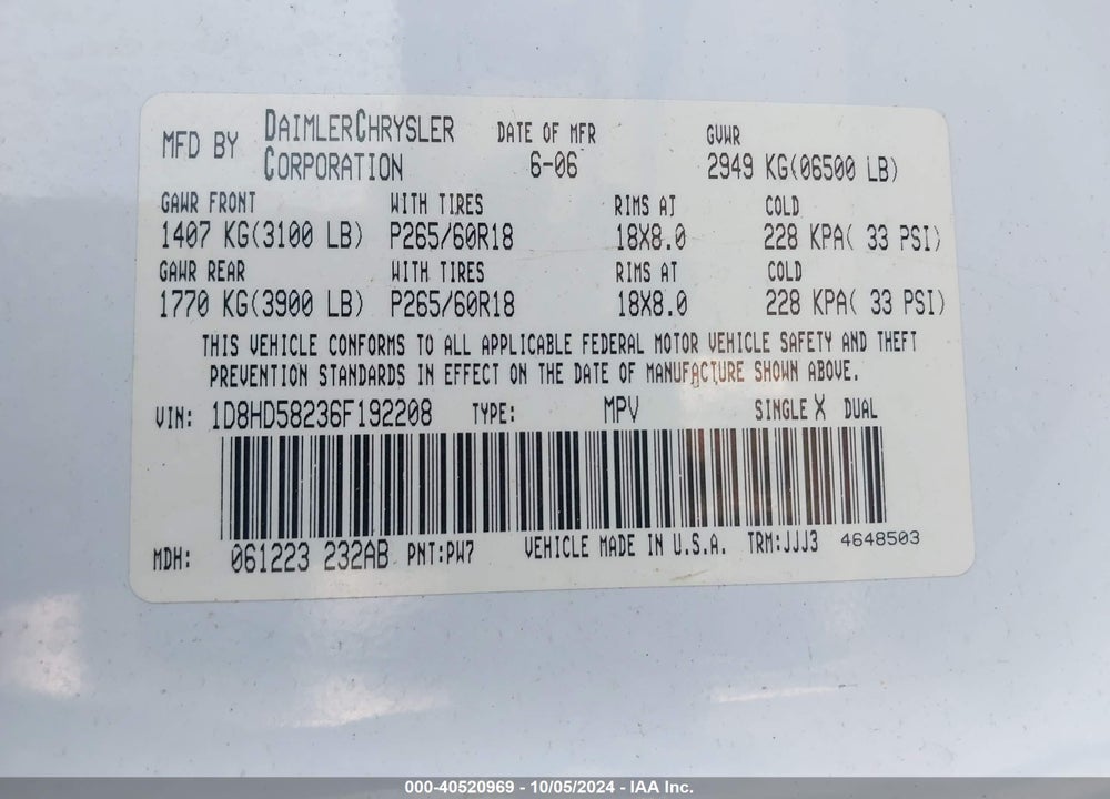 2006 DODGE DURANGO LIMITED VIN: 1D8HD58236F192208