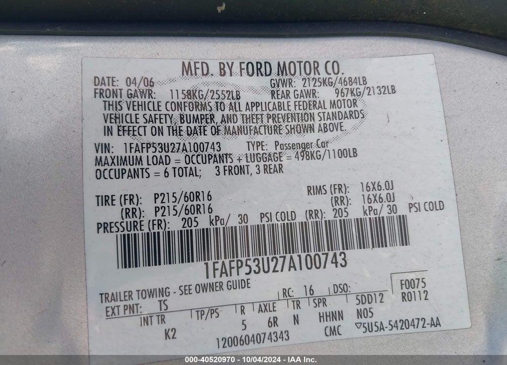 2007 FORD TAURUS SE VIN: 1FAFP53U27A100743