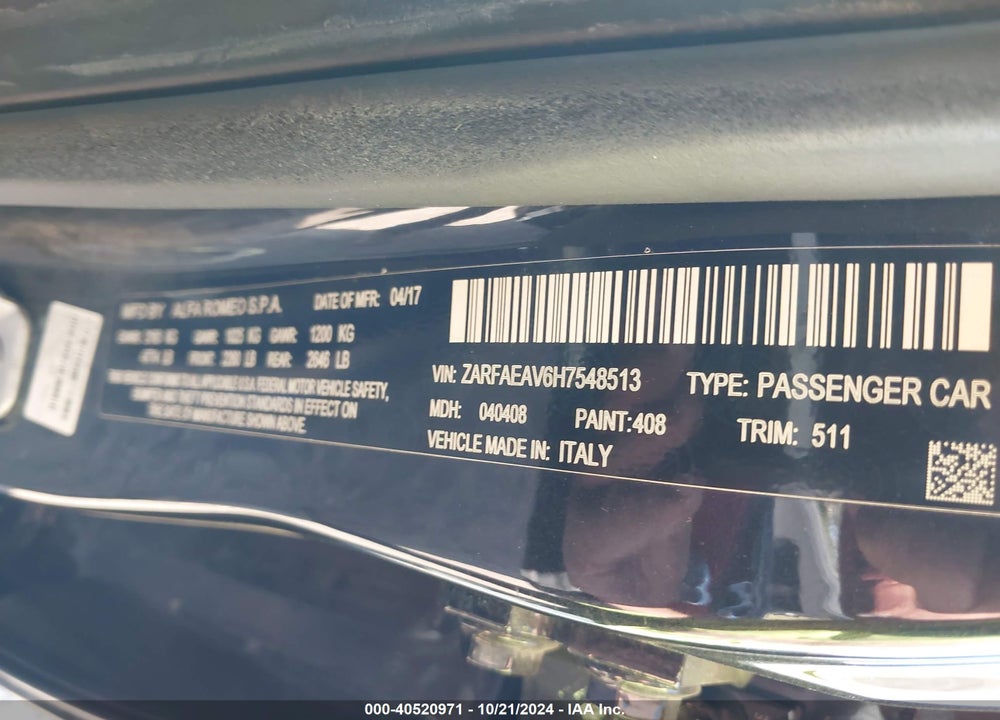 2017 ALFA ROMEO GIULIA VIN: ZARFAEAV6H7548513
