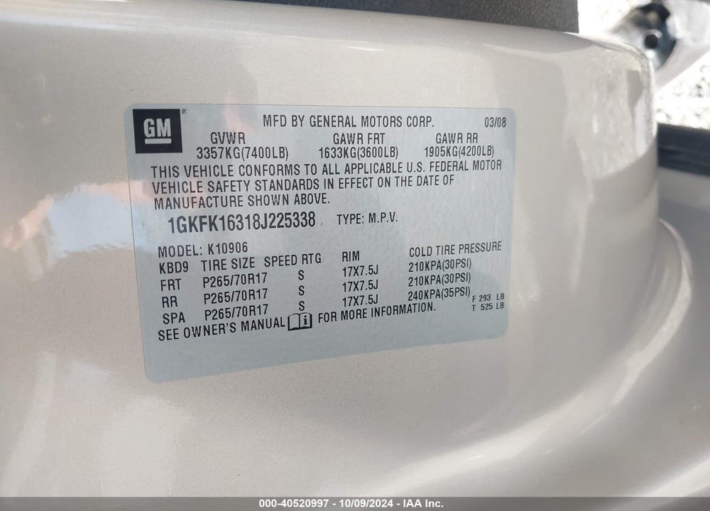 2008 GMC YUKON XL 1500 SLE VIN: 1GKFK16318J225338