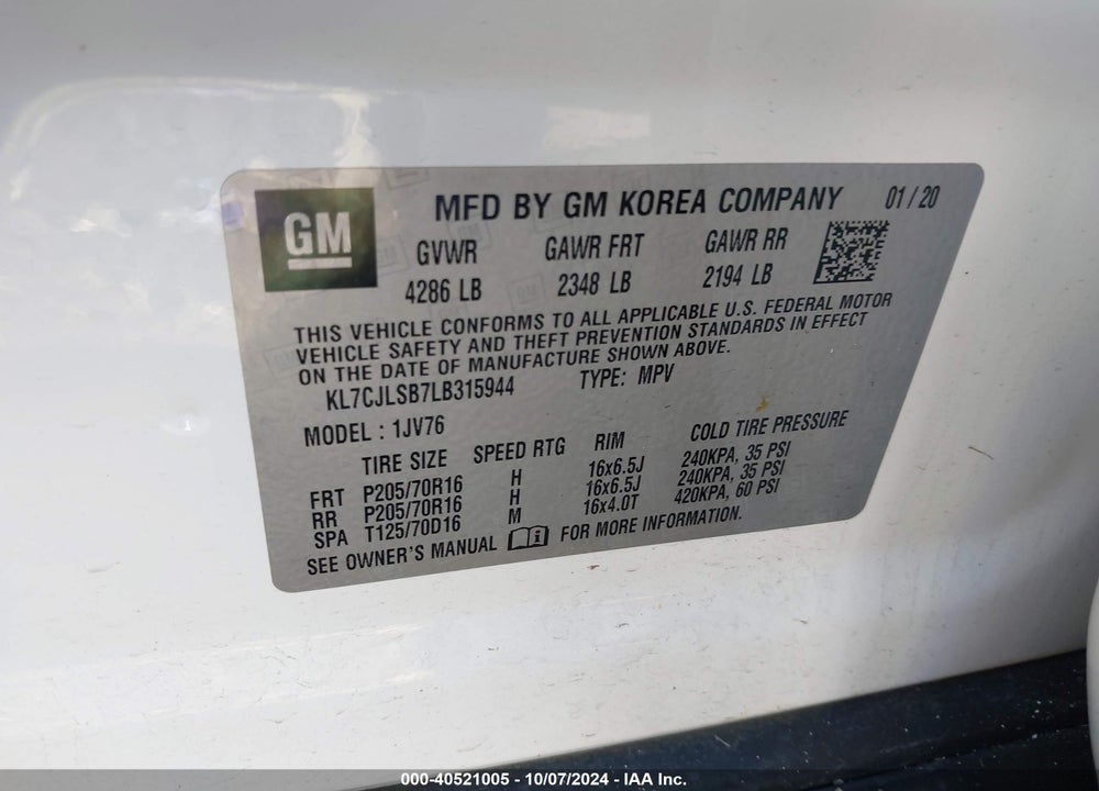 2020 CHEVROLET TRAX FWD LT VIN: KL7CJLSB7LB315944
