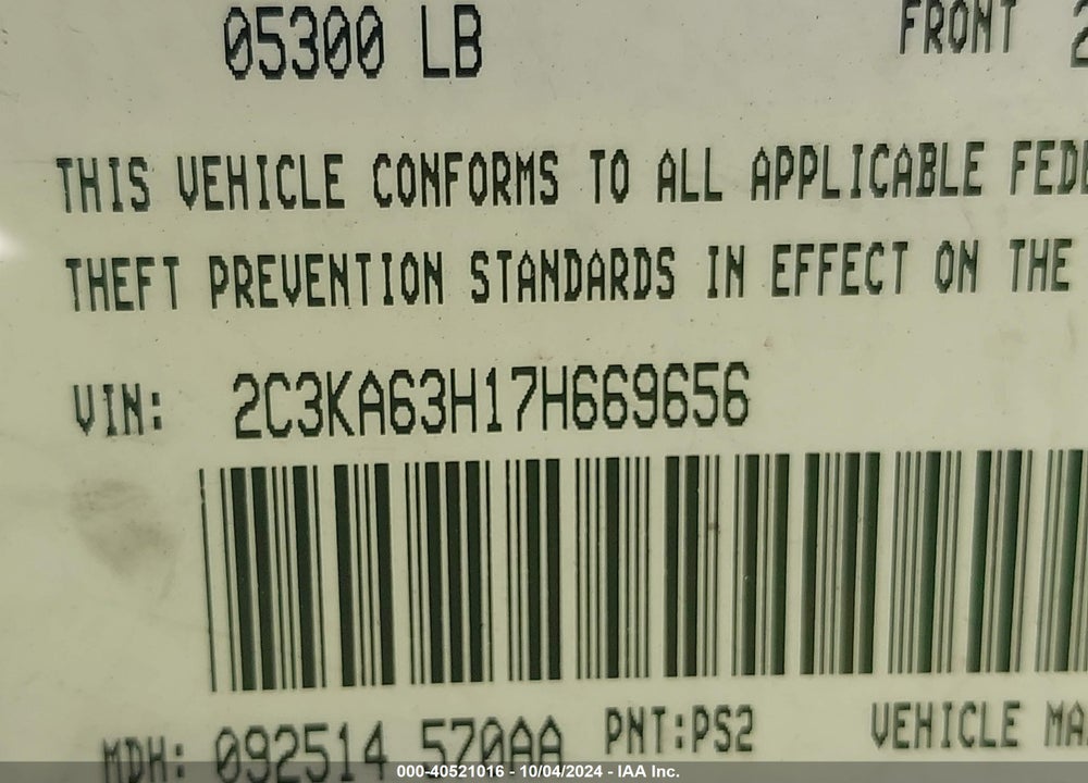 2007 CHRYSLER 300C VIN: 2C3KA63H17H669656