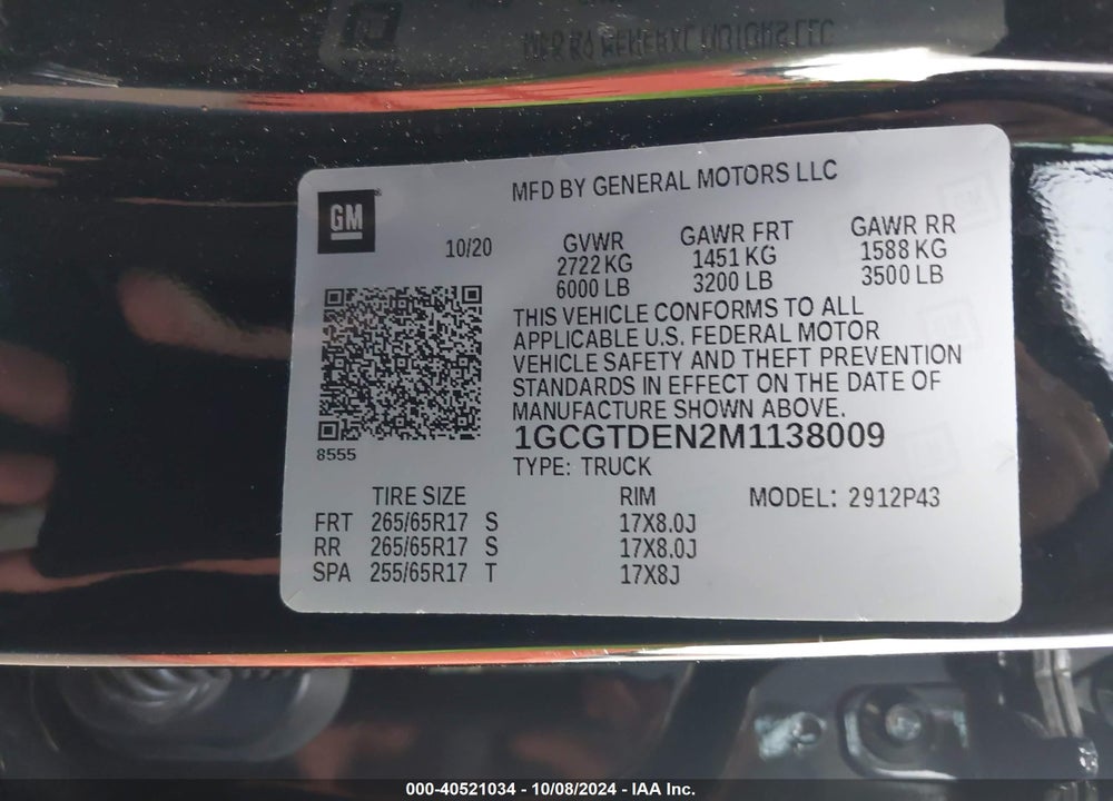 2021 CHEVROLET COLORADO 4WD SHORT BOX Z71 VIN: 1GCGTDEN2M1138009
