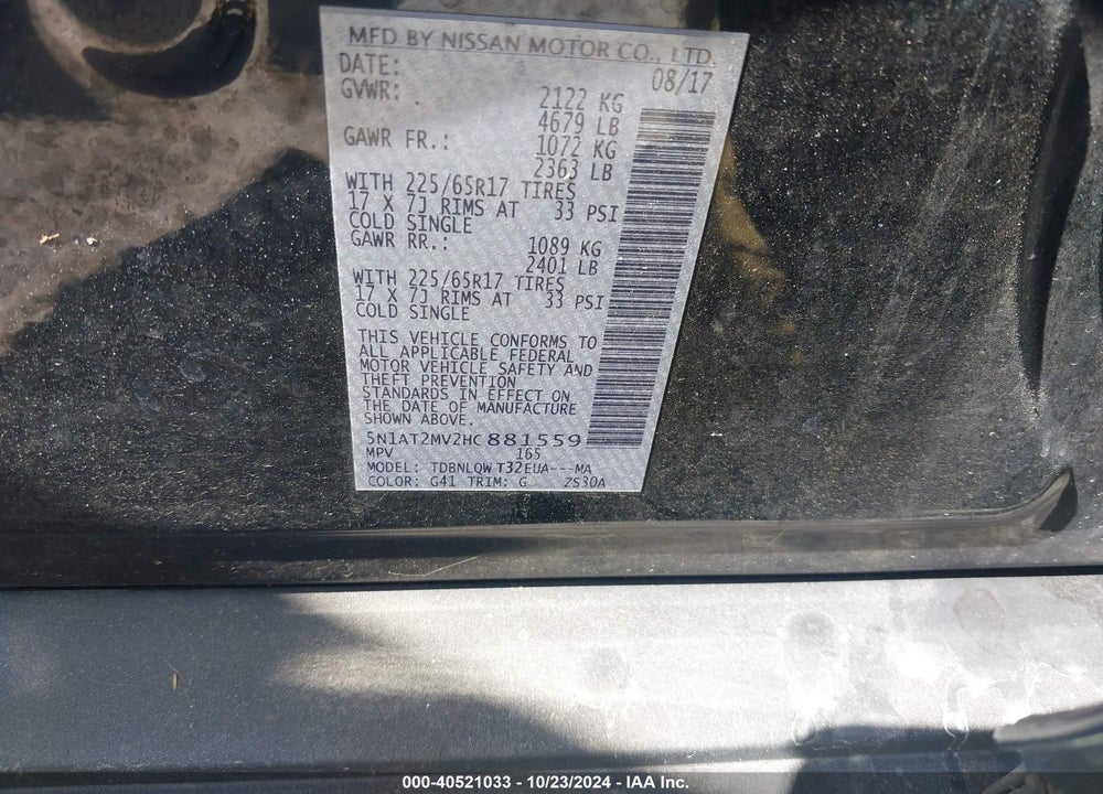 2017 NISSAN ROGUE SV VIN: 5N1AT2MV2HC881559