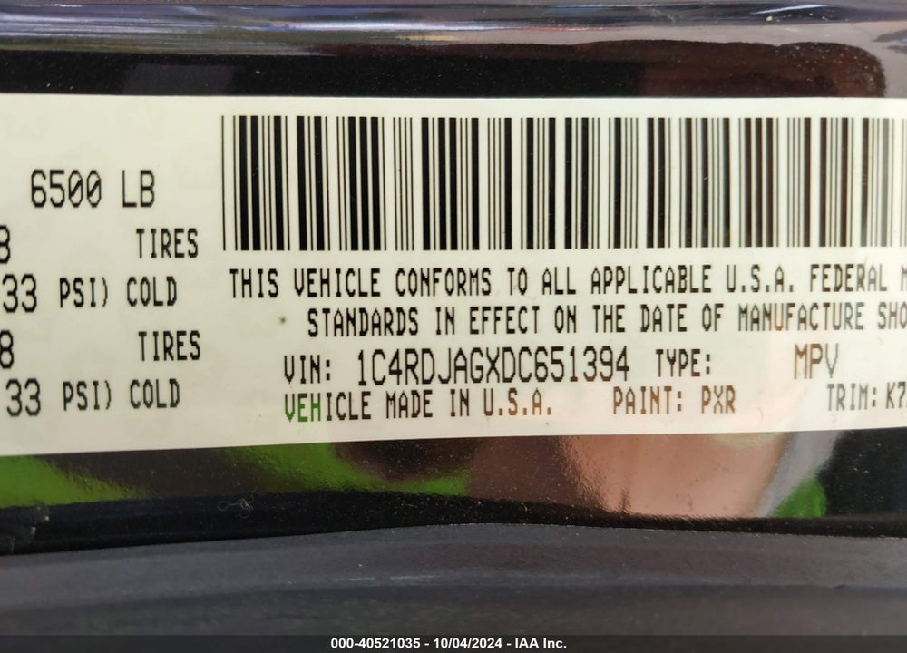2013 DODGE DURANGO SXT VIN: 1C4RDJAGXDC651394