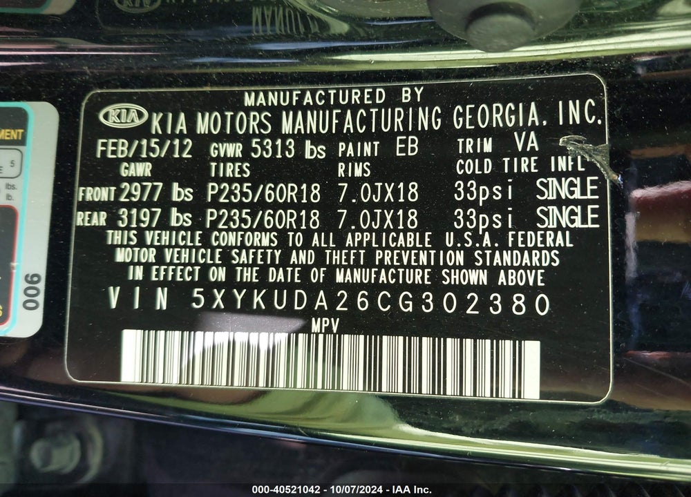 2012 KIA SORENTO EX V6 VIN: 5XYKUDA26CG302380
