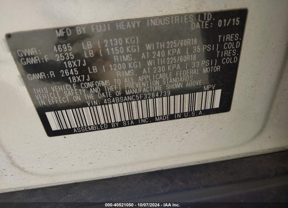 2015 SUBARU OUTBACK 2.5I LIMITED VIN: 4S4BSANC5F3284739