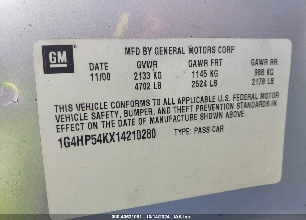 2001 BUICK LESABRE CUSTOM VIN: 1G4HP54KX14210280