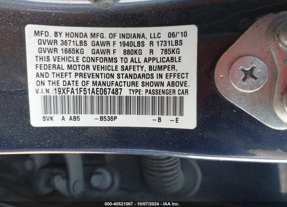 2010 HONDA CIVIC LX VIN: 19XFA1F51AE067487