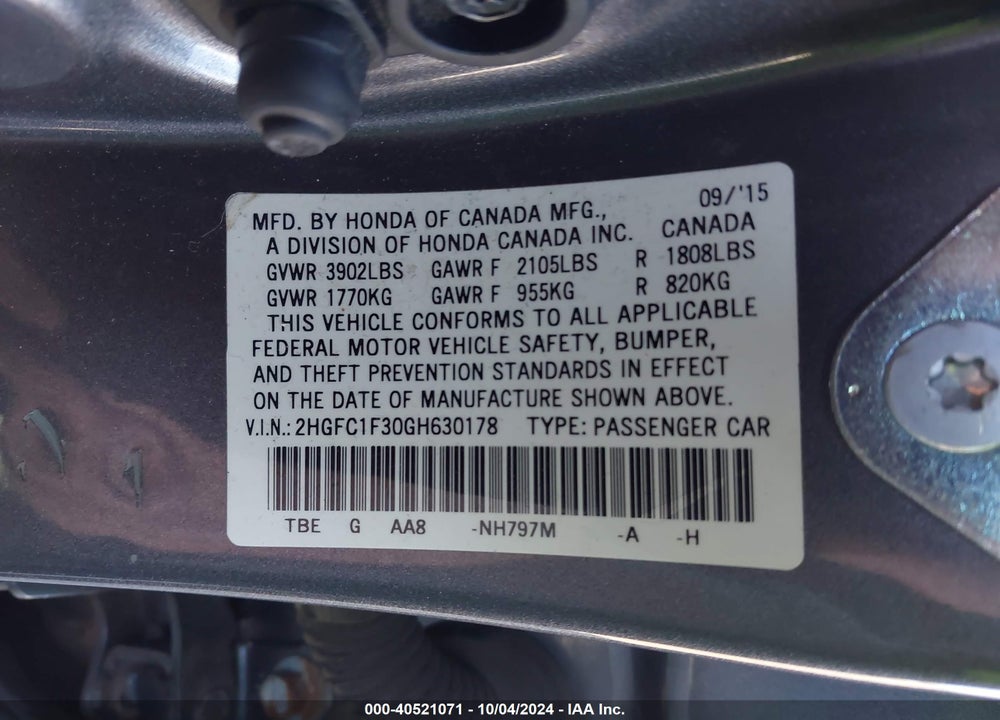 2016 HONDA CIVIC EX-T VIN: 2HGFC1F30GH630178