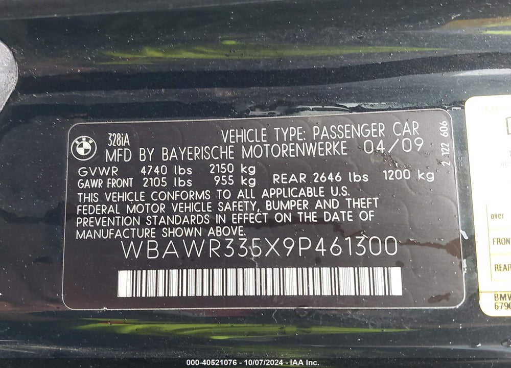 2009 BMW 328I VIN: WBAWR335X9P461300