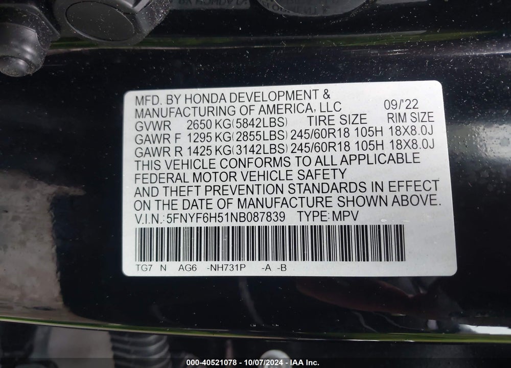 2022 HONDA PILOT AWD EX-L VIN: 5FNYF6H51NB087839
