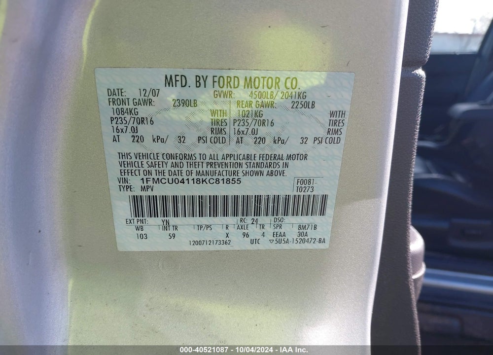 2008 FORD ESCAPE LIMITED VIN: 1FMCU04118KC81855