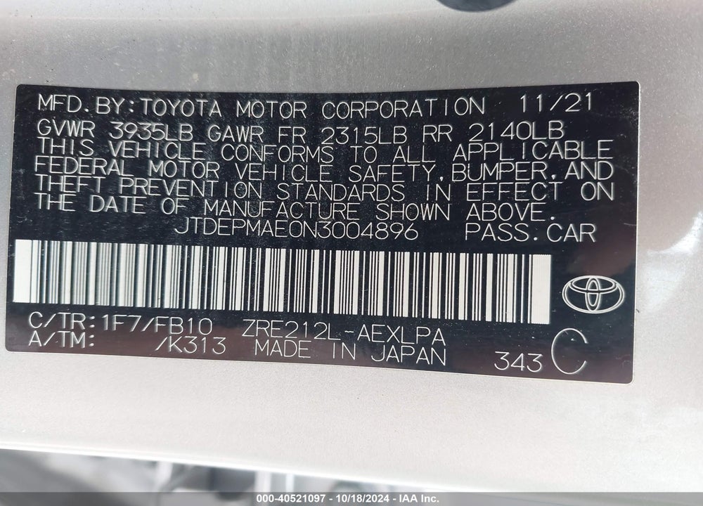 2022 TOYOTA COROLLA LE VIN: JTDEPMAE0N3004896