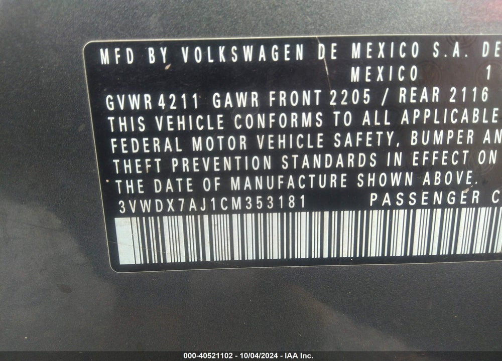 2012 VOLKSWAGEN JETTA 2.5L SE VIN: 3VWDX7AJ1CM353181
