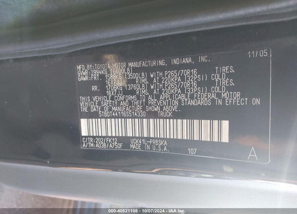 2006 TOYOTA TUNDRA SR5 V8 VIN: 5TBDT44116S514330