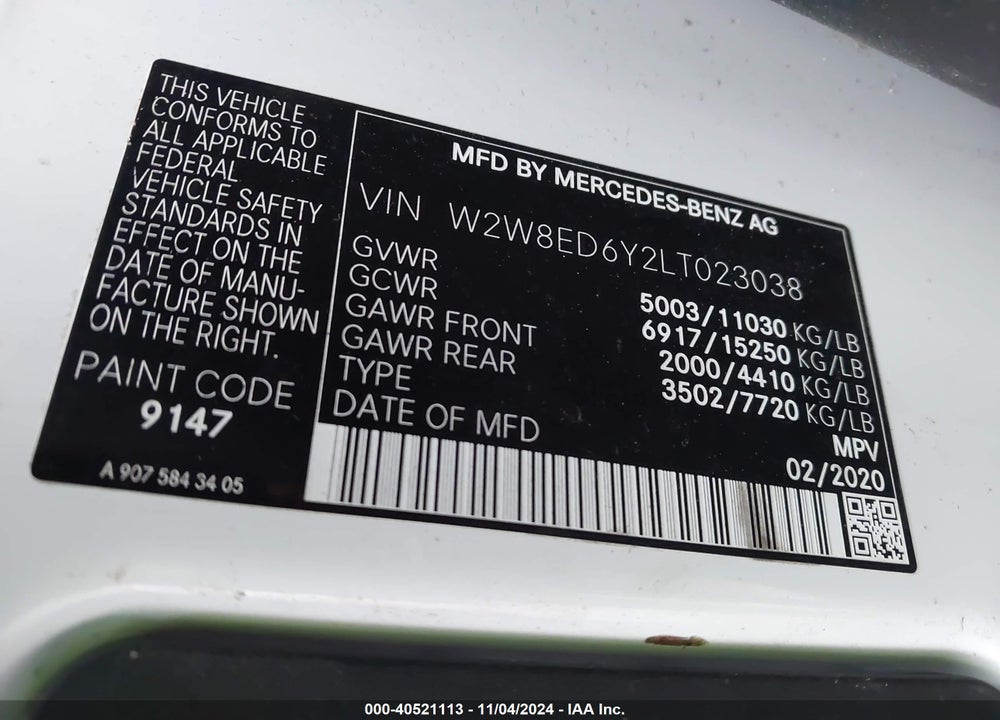 2020 FREIGHTLINER SPRINTER 3500XD HIGH ROOF V6 VIN: W2W8ED6Y2LT023038