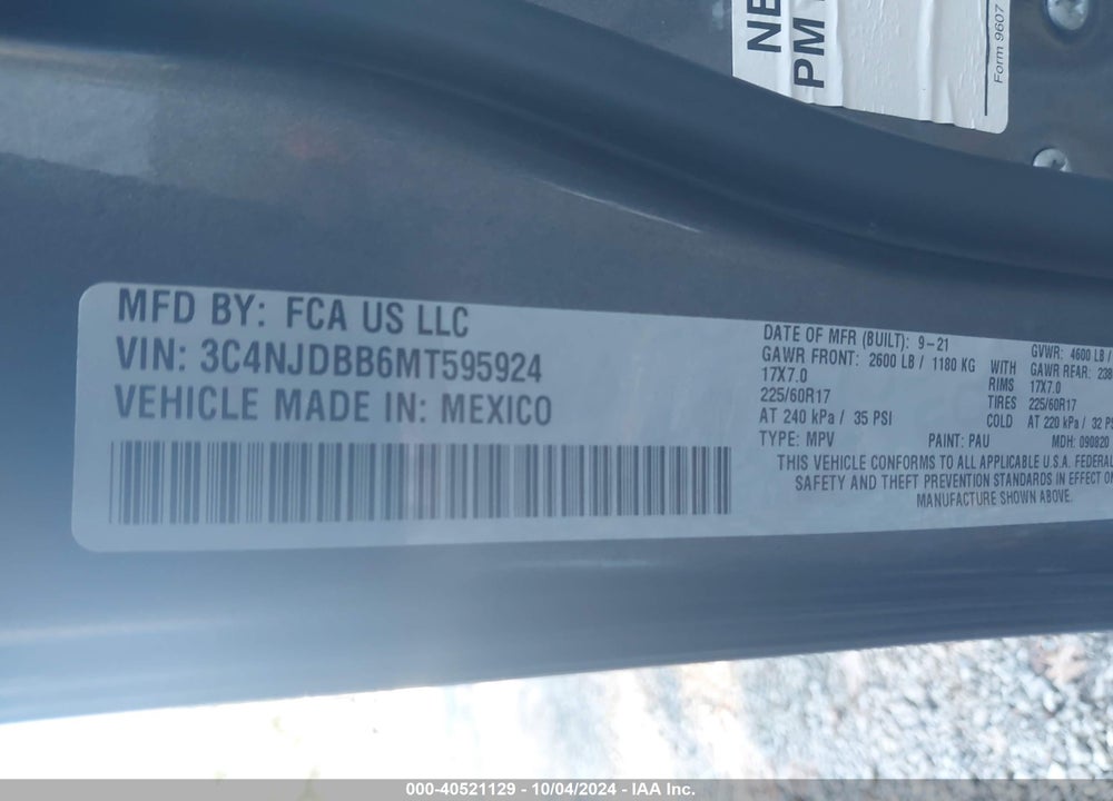 2021 JEEP COMPASS LATITUDE 4X4 VIN: 3C4NJDBB6MT595924